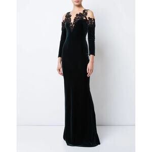 Marchesa Notte Beaded Green Velvet Gown 6 NEW Long Sleeve Embroidered Maxi Dress